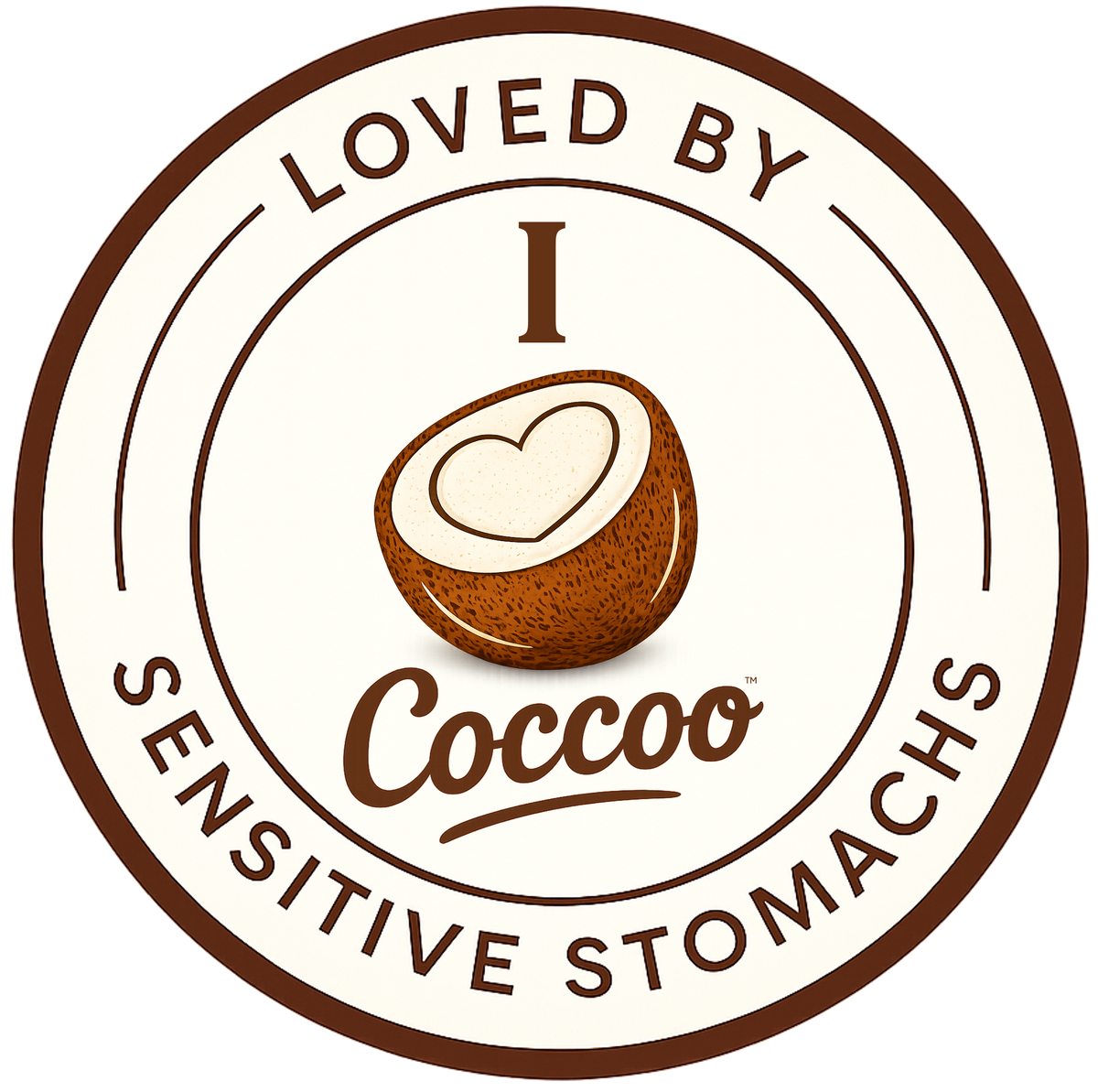 A circular brown and cream graphic with the text 'LOVED BY I Coccoo SENSITIVE STOMACHS' and a cut coconut illustration featuring a heart.